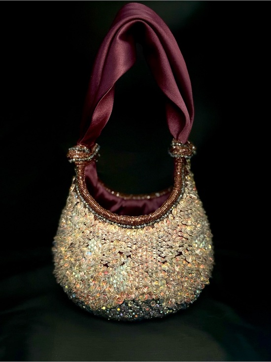 Beavaldes Handbags - Vintage Swarovski Crystal-Embellished Evening Handbag with Plum Satin Sash Handl